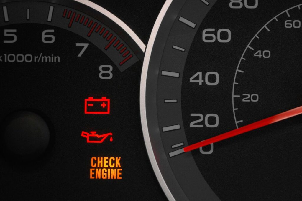 check engine warning light glowing on car dashboard