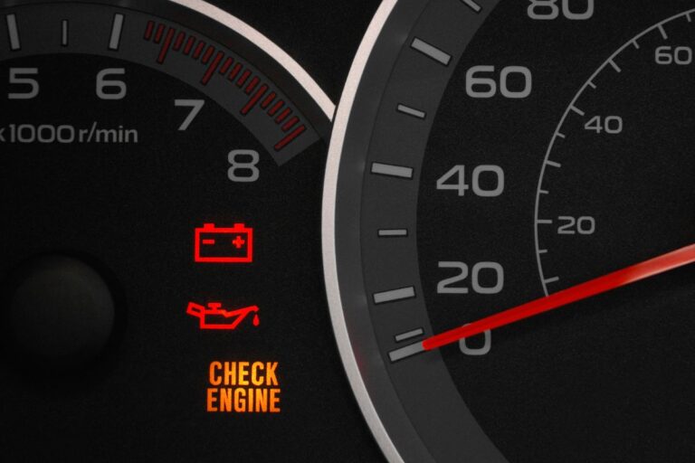 check engine warning light glowing on car dashboard
